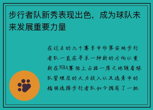 步行者队新秀表现出色，成为球队未来发展重要力量