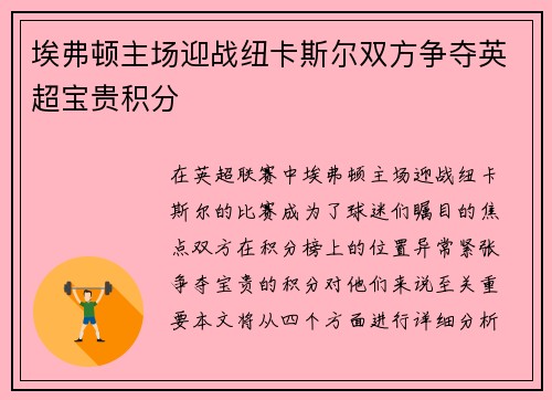 埃弗顿主场迎战纽卡斯尔双方争夺英超宝贵积分